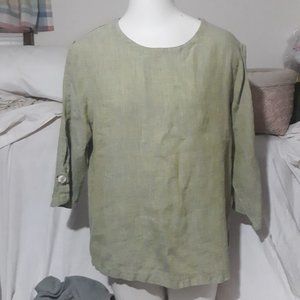 Womens Click 100% Linen Grn Split Slv Btn Tab Pullover Top Sz Med